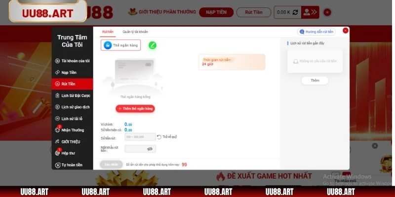 Cách thức rút tiền UU88 về tài khoản